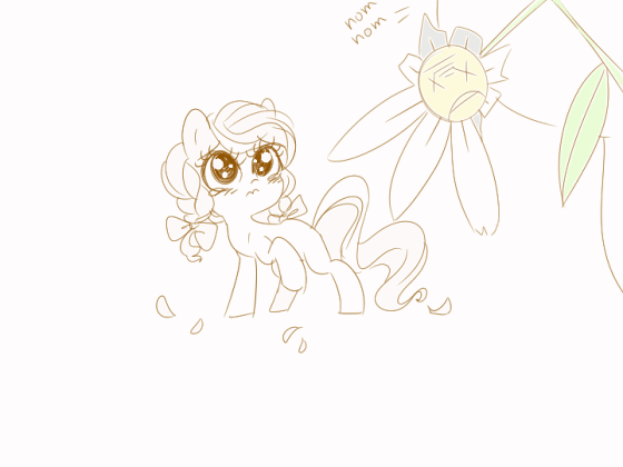 Size: 560x420 | Tagged: safe, artist:pinkablue, oc, oc only, oc:flowering, species:earth pony, species:pony, animated, bow, crying, duo, eating, female, filly, flower, frame by frame, gif, nom, onomatopoeia, pigtails, pure unfiltered evil, raised hoof, sad, simple background, squigglevision, white background