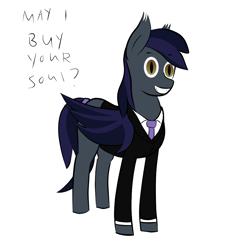 Size: 1000x1000 | Tagged: safe, artist:totallynotabronyfim, derpibooru original, species:bat pony, caption, clothing, dialogue, fangs, female, necktie, smiling, solo, suit, tail band, wide eyes