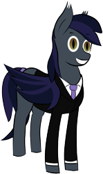 Size: 537x904 | Tagged: safe, artist:totallynotabronyfim, oc, oc only, oc:cracked mirror, species:bat pony, clothing, fangs, female, necktie, simple background, smiling, solo, suit, tail band, transparent background, wide eyes