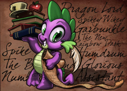 Size: 1200x864 | Tagged: safe, artist:harwick, character:spike, species:dragon, episode:power ponies, g4, my little pony: friendship is magic, apple, book, cup, dragon lord spike, food, garbuncle, grin, looking at you, male, name, names, new rainbow dash, quill, scroll, smiling, solo, spike day, spike the brave and glorious, spikey wikey