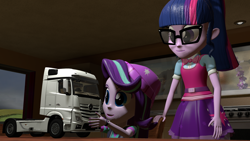Size: 3840x2160 | Tagged: safe, artist:aryatheeditor, character:starlight glimmer, character:twilight sparkle, character:twilight sparkle (scitwi), species:eqg human, my little pony:equestria girls, spoiler:eqg specials, 3d, diecast, mercedes-benz, mercedes-benz actros, model, semi truck, source filmmaker, truck, vehicle