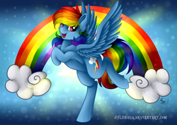 Size: 1280x905 | Tagged: safe, artist:julunis14, character:rainbow dash, species:pegasus, species:pony, cloud, cute, female, heart eyes, mare, multicolored hair, rainbow, smiling, solo, wingding eyes