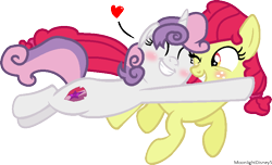 Size: 844x513 | Tagged: safe, artist:moonlightdisney5, character:apple bloom, character:sweetie belle, species:earth pony, species:pony, species:unicorn, ship:sweetiebloom, blushing, female, glomp, lesbian, mare, older, shipping, simple background, transparent background