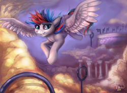 Size: 700x516 | Tagged: safe, artist:trojan-pony, oc, oc only, species:pegasus, species:pony, cloud, flying, hoop, multicolored hair, smiling, solo