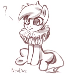 Size: 629x706 | Tagged: safe, artist:inowiseei, character:derpy hooves, species:earth pony, species:pony, female, mare, monochrome, question mark, race swap, ruff (clothing), sitting, sketch, solo, wingless