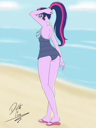 Size: 1500x2000 | Tagged: safe, artist:deltalima, character:twilight sparkle, character:twilight sparkle (scitwi), species:eqg human, equestria girls:forgotten friendship, g4, my little pony: equestria girls, my little pony:equestria girls, arm behind head, ass, beach, blushing, breasts, butt, clothing, dress, feet, female, glasses, legs, looking back, ponytail, sandals, sci-twibutt, skirt, skirt lift, solo, striped swimsuit, swimsuit, twibutt, upskirt