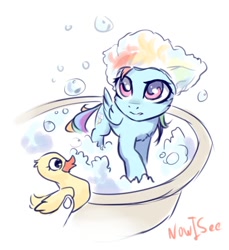Size: 756x824 | Tagged: safe, artist:inowiseei, character:rainbow dash, species:human, species:pegasus, species:pony, bath, bathtub, bubble, cute, dashabetes, disembodied hand, female, hand, mare, multicolored hair, offscreen character, offscreen human, rubber duck, simple background, soap bubble, white background