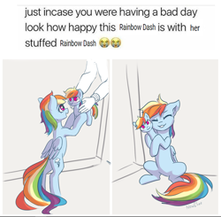 Size: 964x946 | Tagged: safe, artist:inowiseei, character:rainbow dash, species:human, species:pegasus, species:pony, :3, bipedal, clothing, cuddling, cute, dashabetes, emoji, eyes closed, female, floppy ears, grin, hand, happy, hnnng, hug, mare, meme, narcissism, nuzzling, open mouth, parody, plushie, ponidox, ponified animal photo, ponified meme, present, self plushidox, self ponidox, sitting, smiling, smirk, solo focus, 😭