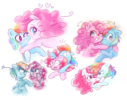 Size: 996x798 | Tagged: safe, artist:pinkablue, character:pinkie pie, character:rainbow dash, species:earth pony, species:pegasus, species:pony, ship:pinkiedash, blushing, cute, female, heart, lesbian, looking at you, mare, noogie, one eye closed, raspberry, shipping, simple background, snuggling, vein bulge, white background