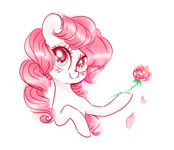 Size: 3916x3360 | Tagged: safe, artist:pinkablue, character:desert rose, species:earth pony, species:pony, g3, bust, female, flower, generation leap, hoof hold, mare, petals, rose, simple background, smiling, solo, white background