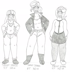 Size: 2273x2323 | Tagged: safe, artist:catstuxedo, character:starlight glimmer, character:sunset shimmer, character:twilight sparkle, species:human, horned humanization, humanized, line-up, monochrome, size chart, size comparison