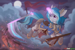 Size: 1500x1010 | Tagged: safe, artist:redchetgreen, oc, oc only, oc:bubble lee, species:pony, willowverse, alternate universe, armor, art, commission, female, full moon, glowing horn, magic, mare, moon, night, royal guard, solo, sword, telekinesis, weapon, ych result