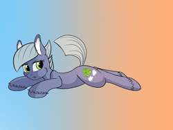 Size: 1280x960 | Tagged: safe, artist:crash9902, rcf community, character:limestone pie, species:earth pony, species:pony, 30 minute art challenge, cheek fluff, ear fluff, female, gradient background, looking back, mare, prone, solo, unshorn fetlocks