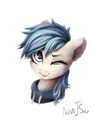Size: 1605x1976 | Tagged: safe, artist:inowiseei, oc, oc only, species:pony, bust, clothing, female, hoodie, looking at you, mare, one eye closed, portrait, simple background, solo, tongue out, white background, wink