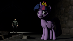 Size: 3840x2160 | Tagged: safe, artist:aryatheeditor, character:twilight sparkle, character:twilight sparkle (alicorn), species:alicorn, species:pony, 3d, crossover, crown, friday the 13th, jason voorhees, jewelry, regalia, scared, source filmmaker