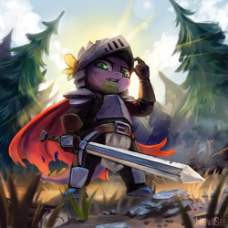 Size: 2000x2000 | Tagged: safe, artist:inowiseei, character:spike, species:dragon, armor, belt, cape, clothing, fantasy class, forest, helmet, knight, male, solo, spike the brave and glorious, sword, tree, warrior, weapon