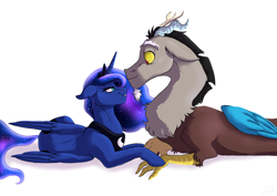 Size: 3100x2200 | Tagged: safe, artist:shimazun, character:discord, character:princess luna, species:alicorn, species:draconequus, species:pony, ship:lunacord, cute, discute, facial hair, female, goatee, looking at each other, male, mare, prone, shipping, simple background, smiling, straight, white background