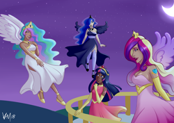Size: 4092x2893 | Tagged: safe, artist:emberfan11, character:princess cadance, character:princess celestia, character:princess luna, character:twilight sparkle, character:twilight sparkle (alicorn), species:alicorn, species:human, species:pony, episode:twilight's kingdom, g4, my little pony: friendship is magic, canterlot, canterlot castle, clothing, dark skin, dress, flying, humanized, night, scene interpretation, singing, sky, winged humanization, wings, you'll play your part