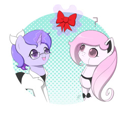 Size: 900x800 | Tagged: safe, artist:jdan-s, oc, oc only, oc:cyberia heart, oc:doctor violet, species:pony, :<, bow, clothing, glasses, ponytail, question mark, robot, robot pony