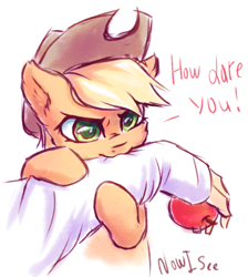 Size: 806x901 | Tagged: safe, artist:inowiseei, character:applejack, species:earth pony, species:human, species:pony, :3, angry, apple, applecat, arm, behaving like a cat, bipedal, biting, clothing, cowboy hat, cute, dialogue, disembodied arm, disembodied hand, ear fluff, ear tufts, featured on derpibooru, female, food, glare, hand, hat, hug, jackabetes, looking at you, madorable, mare, missing freckles, nom, offscreen character, silly, silly pony, simple background, solo focus, sweet dreams fuel, text, that pony sure does love apples, white background, who's a silly pony