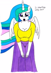 Size: 2446x3476 | Tagged: safe, artist:killerteddybear94, character:princess celestia, species:alicorn, species:anthro, species:pony, breasts, busty princess celestia, clothing, concerned, dialogue, female, hands on knees, long skirt, looking at you, mare, momlestia, shirt, skirt, t-shirt, talking to viewer, traditional art