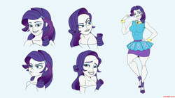 Size: 1920x1080 | Tagged: safe, artist:atariboy2600, character:rarity, comic:the amazonian effect, g4, my little pony: equestria girls, my little pony:equestria girls, big breasts, breasts, busty rarity, clothing, dress, explicit series, expressions, female, looking at you, raised eyebrow, simple background, smiling, solo, unamused, white background