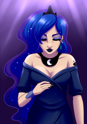 Size: 900x1272 | Tagged: safe, artist:emberfan11, character:princess luna, species:human, bracelet, breasts, cleavage, clothing, cutie mark on human, dress, eyebrows, eyeliner, eyes closed, female, humanized, jewelry, lipstick, makeup, nail polish, necklace, solo, tattoo