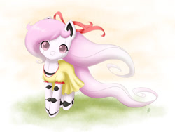 Size: 1200x900 | Tagged: safe, artist:jdan-s, oc, oc only, oc:cyberia heart, species:pony, bow, clothing, dress, grass, looking at you, ribbon, robot, robot pony, solo