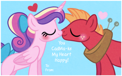 Size: 1000x620 | Tagged: safe, artist:carouselunique, character:big mcintosh, character:princess cadance, ship:cadmac, episode:hearts and hooves day, g4, my little pony: friendship is magic, female, holiday, male, shipping, straight, teen princess cadance, teenage big macintosh, teenager, valentine's day, valentine's day card
