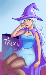 Size: 800x1305 | Tagged: safe, artist:emberfan11, character:trixie, species:human, species:pony, beautiful, cape, clothing, female, fishnet clothing, fishnets, hat, humanized, lipstick, looking at you, pantyhose, sitting, skirt, solo, trixie's cape, trixie's hat