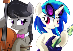 Size: 1713x1205 | Tagged: safe, artist:yaaaco, character:dj pon-3, character:octavia melody, character:vinyl scratch, species:earth pony, species:pony, species:unicorn, bow tie, electric guitar, female, guitar, horn, mare, musical instrument, simple background, sunglasses, violin, white background