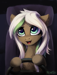 Size: 1370x1782 | Tagged: safe, artist:inowiseei, oc, oc only, oc:lynn, species:pony, car, cute, driving, female, mare, ocbetes, open mouth, seat, smiling, solo, steering wheel