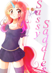 Size: 1193x1693 | Tagged: safe, artist:clefficia, character:sassy saddles, species:human, beautiful, blushing, clothing, cute, female, horn, horned humanization, humanized, moe, pleated skirt, sassybetes, skirt, socks, solo, tailed humanization, thigh highs