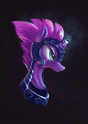 Size: 930x1316 | Tagged: safe, artist:plainoasis, character:tempest shadow, species:pony, species:unicorn, my little pony: the movie (2017), armor, black background, broken horn, bust, eye scar, female, helmet, horn, magic, mare, royal guard, scar, simple background, smiling, solo, sparking horn, tempest becomes a royal guard