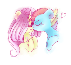 Size: 3969x3642 | Tagged: safe, artist:pinkablue, character:fluttershy, character:rainbow dash, species:pegasus, species:pony, species:unicorn, ship:flutterdash, g5 leak, leak, blushing, bust, embarrassed, eyes closed, female, fluttershy (g5), hair over one eye, heart, kissing, lesbian, mare, rainbow dash (g5), raised hoof, shipping, simple background, unicorn fluttershy, white background