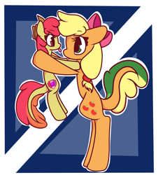 Size: 1540x1700 | Tagged: safe, artist:hedgehog-plant, character:apple bloom, character:applejack, species:pony, accessory swap, adorabloom, blep, bow, clothing, cute, duo, hat, leonine tail, silly, silly pony, tongue out