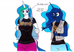 Size: 3495x2473 | Tagged: safe, artist:killerteddybear94, character:princess celestia, character:princess luna, species:alicorn, species:anthro, species:pony, breasts, busty princess celestia, clothing, cute, cutelestia, dialogue, female, heavy metal, jacket, looking at each other, lunabetes, mare, multicolored hair, open mouth, ozzy osbourne, pants, rhapsody of fire, royal sisters, shirt, siblings, sisters, smiling, t-shirt, traditional art, wristband