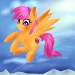 Size: 1710x1707 | Tagged: safe, artist:brok-enwings, character:scootaloo, species:pegasus, species:pony, cute, cutealoo, female, filly, mountain, mountain range, scootaloo can fly, sky, solo, the cmc's cutie marks, underhoof