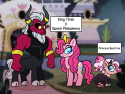 Size: 1600x1200 | Tagged: safe, artist:carouselunique, character:lord tirek, character:pinkie pie, oc, oc:blackberry beatrice pie, parent:lord tirek, parent:pinkie pie, parents:tirekpie, species:centaur, species:earth pony, species:pony, comic:spiraling together, alternate hairstyle, alternate universe, cloven hooves, crack ship offspring, crack shipping, cute, daddy tirek, female, hybrid, interspecies offspring, male, mare, nose piercing, nose ring, offspring, piercing, royal family, royal portrait, semi-grimdark series, shipping, straight, sunjackspiral, text, tirebetes, tirekpie