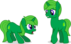 Size: 2546x1567 | Tagged: safe, artist:limedreaming, oc, oc only, oc:lime dream, species:pony, species:unicorn, duality, female, first meeting, freckles, green fur, male, mare, oh my gosh, ponidox, purple eyes, rule 63, self ponidox, shocked, simple background, stallion, transparent background, vector