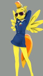 Size: 2160x3840 | Tagged: safe, artist:the_fatcat, character:spitfire, species:anthro, species:plantigrade anthro, 3d, arm behind head, clothing, female, flower, flower in hair, high res, looking at you, sole, solo, source filmmaker, sunglasses, tail, wings