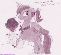 Size: 981x900 | Tagged: safe, artist:foxxy-arts, character:princess cadance, species:alicorn, species:pony, bandana, belly, blushing, bouquet, clothing, cute, cutedance, eating, female, flower, herbivore, horses doing horse things, implied shining armor, magic, mare, ponytail, pregdance, pregnant, rose, socks, solo, tail wrap