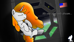 Size: 3072x1728 | Tagged: safe, artist:phenioxflame, oc, oc:phenioxflame, species:pony, species:unicorn, american flag, earth, floating, quote, sleeping, solo, space, space station, wallpaper, watermark, zero gravity