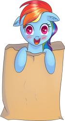 Size: 855x1600 | Tagged: safe, artist:brok-enwings, character:rainbow dash, species:pony, bag, blushing, cute, dashabetes, female, floppy ears, looking at you, mare, multicolored hair, open mouth, paper bag, simple background, smiling, solo, transparent background
