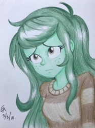 Size: 718x960 | Tagged: safe, artist:mayorlight, character:wallflower blush, equestria girls:forgotten friendship, g4, my little pony: equestria girls, my little pony:equestria girls, ahoge, colored pencil drawing, cute, featured on derpibooru, female, flowerbetes, freckles, sad, signature, simple background, solo, traditional art, white background