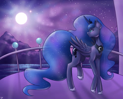 Size: 5906x4724 | Tagged: safe, artist:pitchyy, character:princess luna, species:pony, absurd resolution, balcony, fanfic, fanfic art, female, full moon, looking back, moon, night, scenery, solo, stars