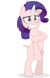 Size: 5000x7800 | Tagged: safe, artist:yanoda, edit, editor:slayerbvc, character:rarity, species:pony, species:unicorn, episode:make new friends but keep discord, g4, my little pony: friendship is magic, absurd resolution, assisted exposure, bipedal, blushing, covering, embarrassed, female, furless, furless edit, mare, naked rarity, nude edit, nudity, shaved tail, simple background, solo, transparent background, vector, vector edit, we don't normally wear clothes