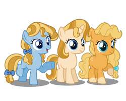 Size: 1800x1438 | Tagged: safe, alternate version, artist:carouselunique, base used, oc, oc:anjoujack, oc:golden hour, oc:sweet pea, parent:night light, parent:pear butter, parents:pearlight, species:earth pony, species:pony, species:unicorn, alternate design, alternate timeline, blank flank, bow, female, filly, freckles, hair bow, offspring, simple background, transparent background