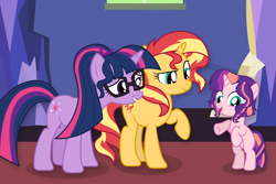 Size: 6000x4000 | Tagged: safe, artist:limedreaming, artist:spottedlions, character:sunset shimmer, character:twilight sparkle, character:twilight sparkle (scitwi), oc, oc:daydream glow, parent:sci-twi, parent:sunset shimmer, parents:scitwishimmer, species:pony, species:unicorn, ship:scitwishimmer, ship:sunsetsparkle, absurd resolution, equestria girls ponified, female, lesbian, magical lesbian spawn, offspring, ponified, shipping, twilight's castle