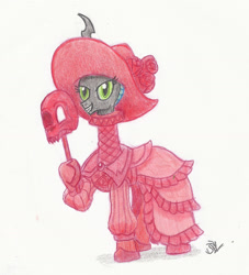 Size: 1576x1732 | Tagged: safe, artist:sensko, character:queen chrysalis, species:changeling, changeling queen, clothing, dress, flower, grin, hat, hoof hold, mask, masque of the red death, red dress, rose, ruff (clothing), signature, smiling, traditional art